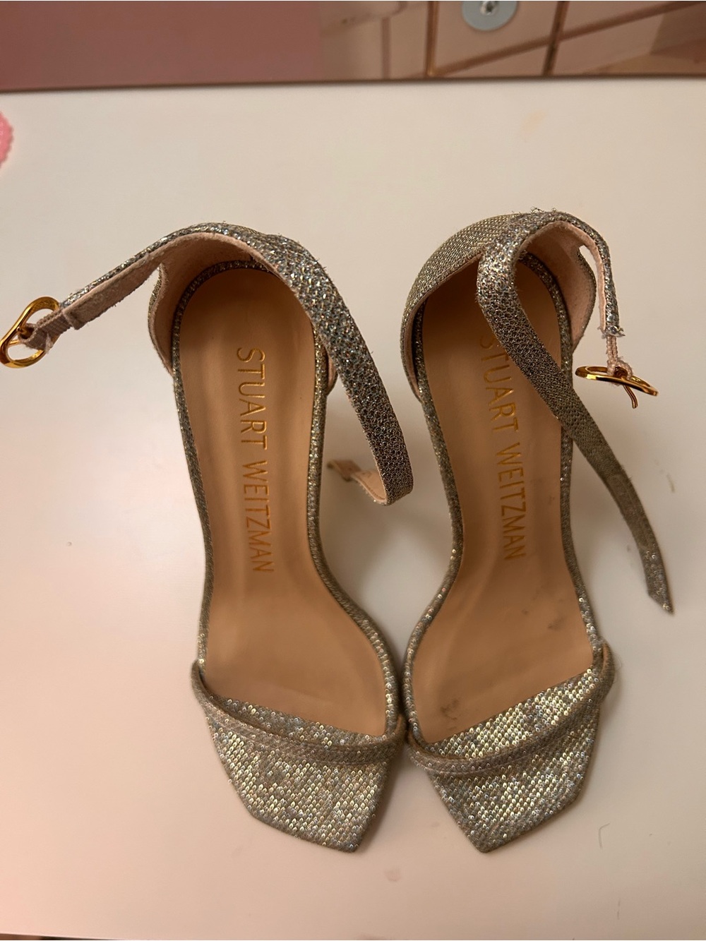 Stuart Weitzman Glitter Gold Ankle-Strap Heels